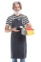 Poster - Worker of cleaning service with supplies on white background