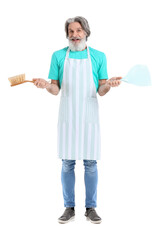 Poster - Senior man with scoop and cleaning brush on white background