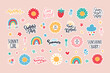 Summer sticker flat vector illustration. Trendy hand drawn rainbow, quotes, sunflower. Set of cartoon symbol of weekly or daily planner, to do list, diaries, organizer.