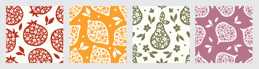 Wall Mural - Vector fruit seamless pattern set. Citrus lemon, pomegranate, pear, fig tree with flower and leaves. Modern botanical print for kitchen textile, wrapping paper, fabric, home decor, scrapbooking.