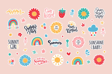 Summer sticker flat vector illustration. Trendy hand drawn rainbow, quotes, sunflower. Set of cartoon symbol of weekly or daily planner, to do list, diaries, organizer.