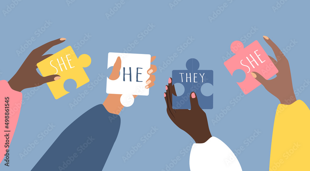 vector illustration on the theme of gender diversity, people with non-binary gender identity, transgender people. Hands of people of different races holding puzzle pieces with pronouns