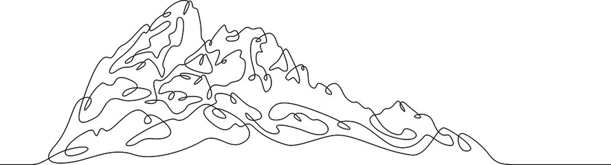 One continuous line. Landscape of mountain range and high mountain. Web banner and design background. Mountain peak. Landscape for tourism and winter sports. One continuous line drawing. Line Art isol