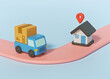 delivery truck with package and house with location pin. online delivery service. 3d rendering