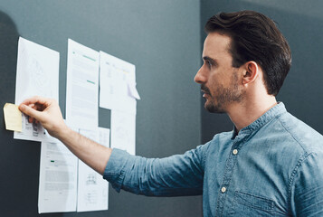 Poster - Whats next on his to-do list. Cropped shot of a handsome young businessman reading a sticky note while standing in front of a board in a modern office.