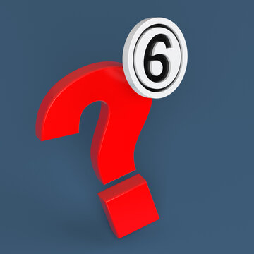 White-colored circle icon black-colored number six and red-colored question mark. On navy blue-colored background. Square composition with copy space. Isolated with clipping path.