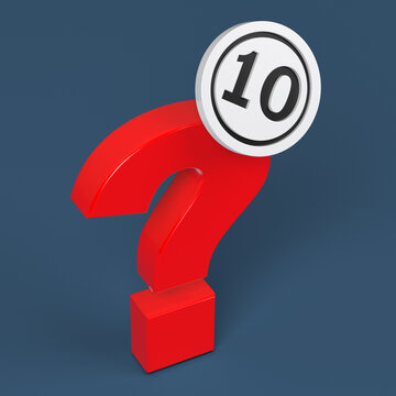 White-colored circle icon black-colored number ten and red-colored question mark. On navy blue-colored background. Square composition with copy space. Isolated with clipping path.
