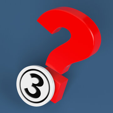 White-colored circle icon black-colored number three and red-colored question mark. On navy blue-colored background. Square composition with copy space. Isolated with clipping path.