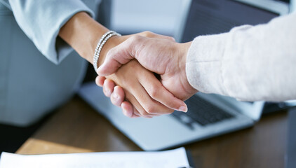 Wall Mural - Shaking on a successful business deal. Shot of two unrecognizable businesspeople shaking hands.