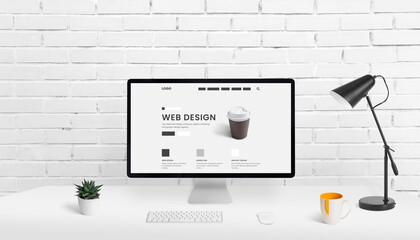 Aufkleber - Web design studio composition with computer display and concept web page on work desk