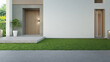 Luxury house with concrete wall and wooden front door in modern design. Green grass lawn near home entrance. 3d illustration of contemporary holiday villa exterior.