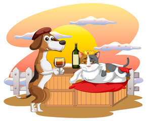 Wall Mural - Cartoon dog and cat sipping wine