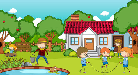 Poster - A simple house with kids  in nature background