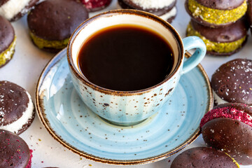 Coffee. Good morning coffee surrounded by cookies on a white background. close up