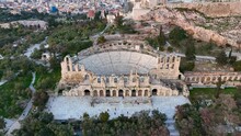 Ancient Amphitheater In Athens At Sunrise, Greece Tourism, Unesco Heritage In Greece, Aerial View F Greek Landmark, Monument Of Ancient Greek Civilisation, 