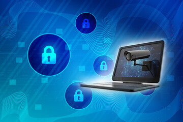Poster - 3d rendering Surveillance CCTV Security Camera connected laptop