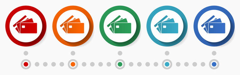 Aufkleber - Credit card, business concept vector icon set, infographic template, flat design colorful web buttons in 5 color options