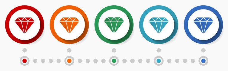 Aufkleber - Diamond, jewel concept vector icon set, infographic template, flat design colorful web buttons in 5 color options