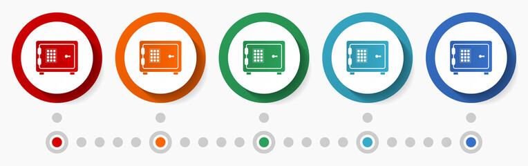 Poster - Safe, bank concept vector icon set, infographic template, flat design colorful web buttons in 5 color options