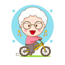 Cute Grandma Riding Bicycle. Cartoon Illustration Of Chibi Character Isolated On White Background.