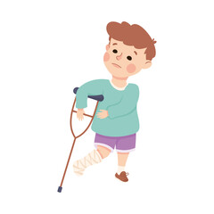 Poster - Sick Little Boy with Crutch Feeling Unwell Suffering from Leg Wound Vector Illustration