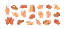 Different Hand Gestures Set. Signs, Expressions With Pointing Fingers, Clenched Fists, Open And Greeting Palms. OK Symbol, Handshake, Touching. Flat Vector Illustrations Isolated On White Background