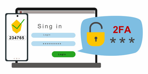 The concept of two-factor authentication security. Notification of login confirmation with a message in an envelope with a code. Lock icons in the laptop account. Vector illustration