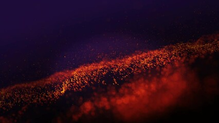 Red particles fly in slow motion in the air black background, technology and science concept