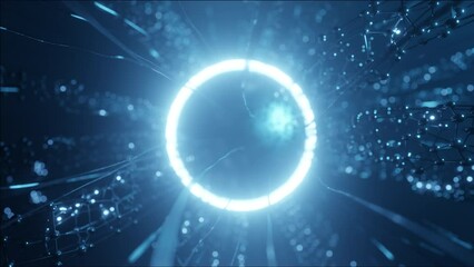 Glowing circle light moving in abstract motion on black background, seamless loop of graphic shiny curved ring. Round spotlight curve with glitter and neon floodlights. 3d render animation.