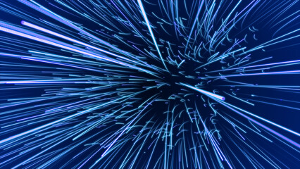 Poster - Blue hyper jump. Digital hyperspace with stars explosion. Abstract futuristic speed background. Dynamic motion lines on blue backdrop. 3D rendering.