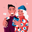 Funny illustration of a young loving couple. Vector image for social media