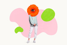 Modern Sketch Of Shy Lady With Red Bloom Plant Eye Look Isolated On Pastel Color Background. Woman Health Care Concept