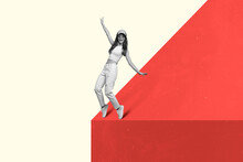 Bizarre Weird Banner Of Youngster Lady Stand On Red Cliff Abyss Feel Childish Isolated On Colorful Background