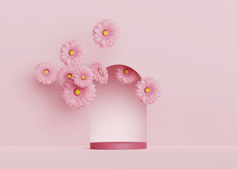 Canvas Print - 3D display podium pastel pink daisy flower background. Gerbera blossom. Nature minimal pedestal beauty, cosmetic product presentation. Feminine copy space template 3d render