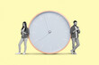 Creative art collage of two millennials stand by big clock surf net phone isolated light yellow background
