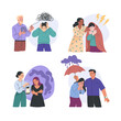 Emotional and psychological support concepts.Vector abstract illustration in modern flat cartoon style of people in depressed states (depression, grief, stress) and people giving support to them.