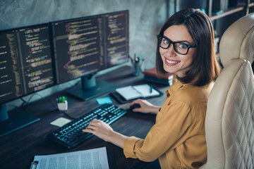 Sticker - Profile side view portrait of attractive cheerful skilled girl leader editing database developing web at workplace workstation indoors