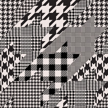 Houndstooth Patchwork Collage In Black And White. Glen Check Fabric Swatch Seamless Pattern