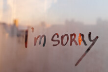 Lettering Text I Am Sorry On Foggy Glass Of Sunset Window