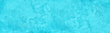 Bright Aqua Blue Old Rough Cement Plaster Surface Wide Panoramic Texture. Turquoise Shabby Exterior Wall Panorama. Abstract Light Long Background