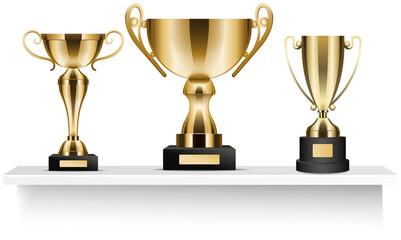 Wall Mural - realistic shiny golden trophy awards on wooden shelf on white. winners cup realistic images on shelf