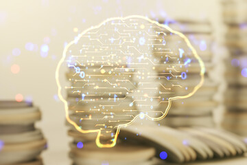 Poster - double exposure of creative human brain microcircuit hologram on growing coins stacks background. fu