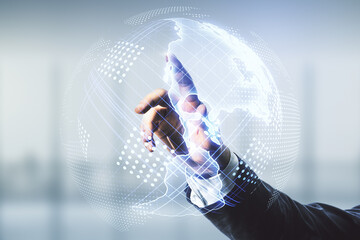 Poster - Man hand working with virtual digital map of North America on blurred office background, international trading concept. Multiexposure