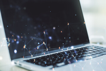 Aufkleber - Double exposure of technology hologram on laptop background. Research and development software concept