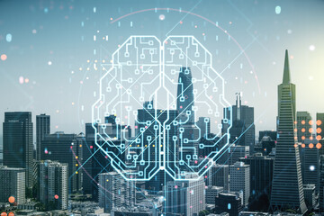 Aufkleber - Virtual creative artificial Intelligence hologram with human brain sketch on San Francisco skyline background. Multiexposure