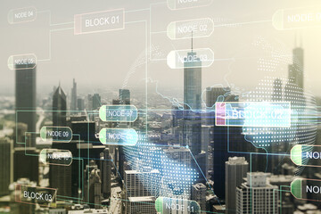 Poster - Abstract virtual coding concept and world map hologram on Chicago skyline background. Multiexposure