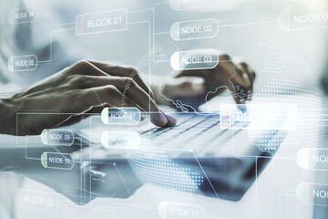 Poster - Double exposure of abstract creative programming illustration with world map and hand typing on laptop on background, big data and blockchain concept