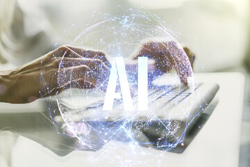 Poster - Creative artificial Intelligence symbol concept with hands typing on computer keyboard on background. Double exposure