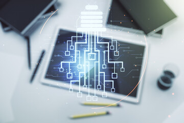 Poster - Double exposure of creative light bulb hologram with chip and digital tablet on background, top view, idea and brainstorming concept