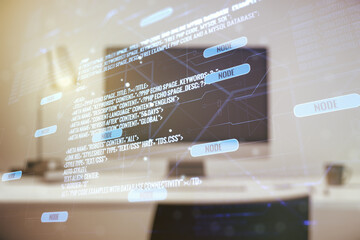 Poster - Multi exposure of abstract programming language hologram on computer background, artificial intelligence and neural networks concept